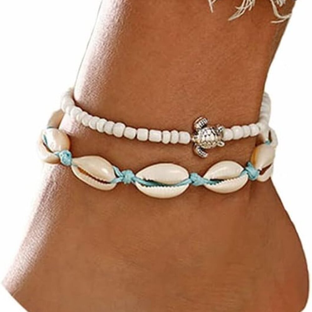 Boho Turtle Layered Shell Anklet Set Silver Ankle… - image 1